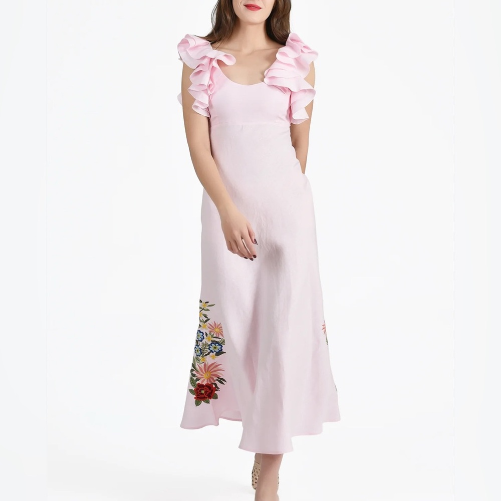 Fanm Mon Lyndon Dress Aster Pink Demre Linen Embroidered Maxi Dress Ruffle sz M